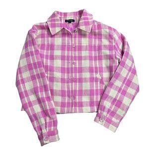 Charlie B Women’s P/S Pink Plaid Cropped Jacket Coat Button Front Preppy Shacket